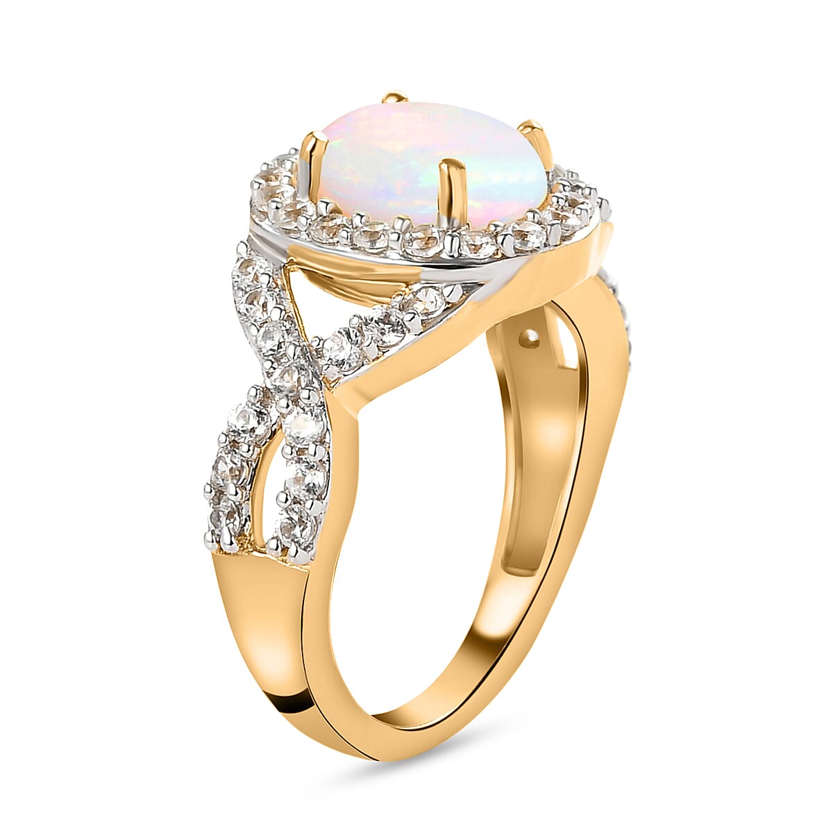 Wegeltena Ethiopian Welo Opal (Ovl 9x7mm) and Natural Cambodian Zircon Ring in 14K Gold Overlay Sterling Silver 2.08 Ct.