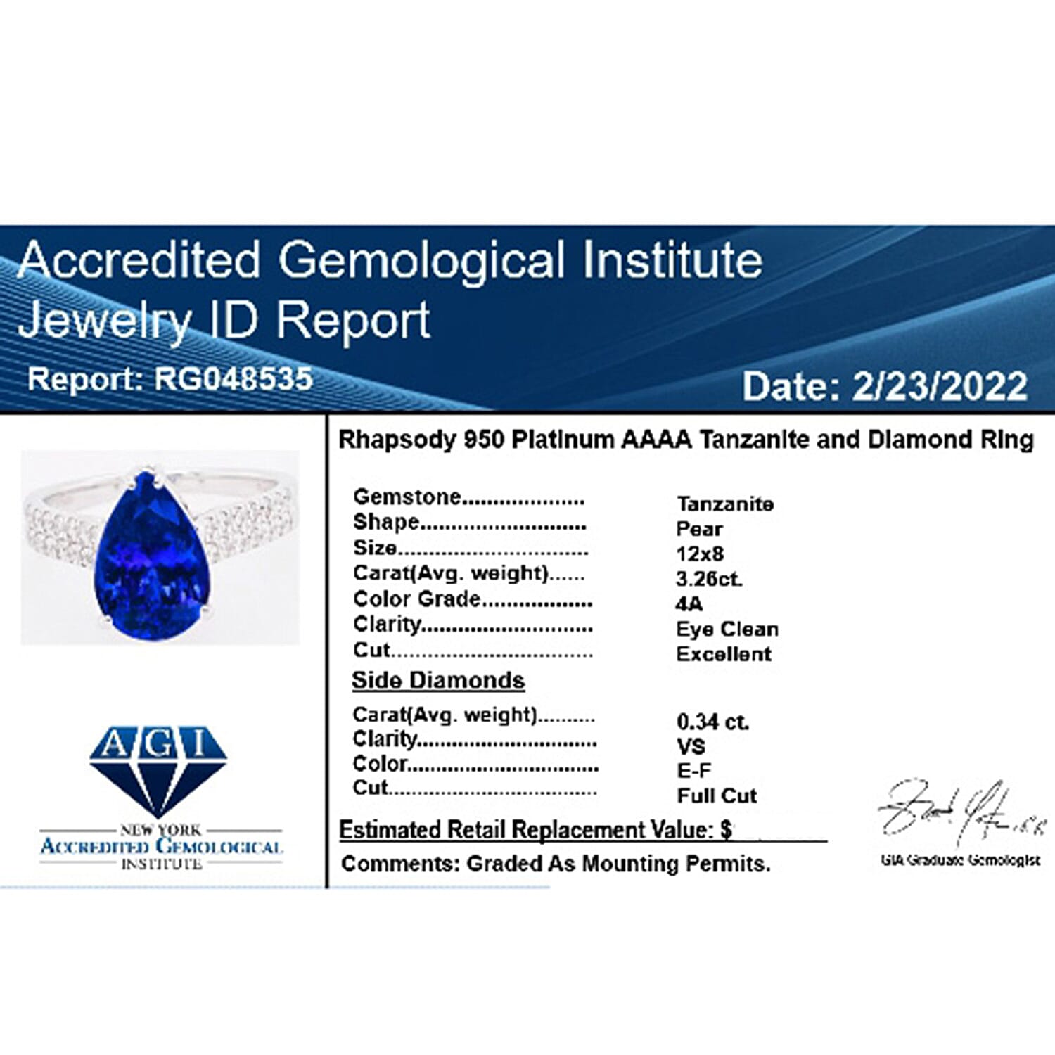 950 Platinum  AAAA  Tanzanite.   White Diamond  VS Ring 3.60 ct,  Platinum Wt. 5.47 Gms  3.600  Ct.