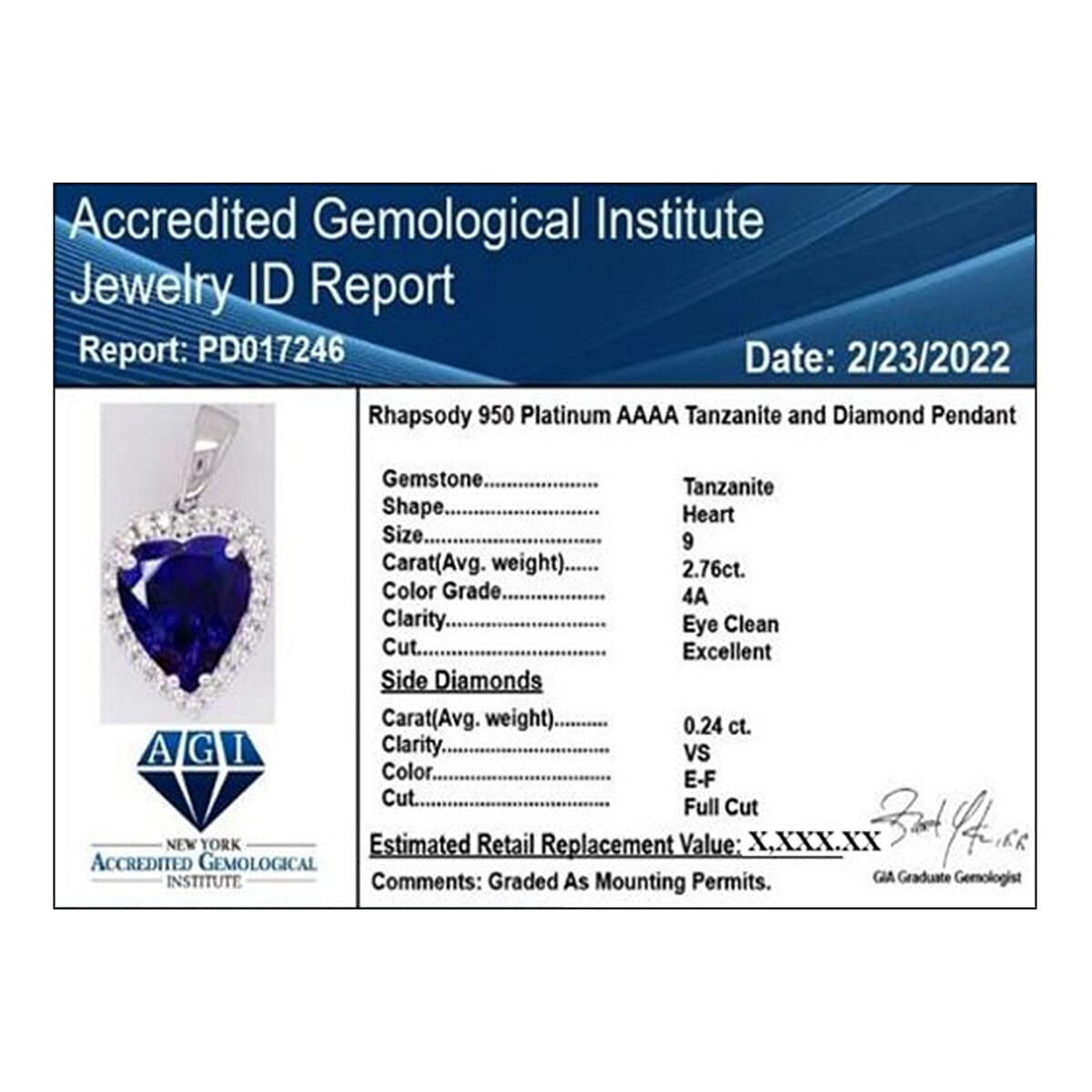 Certified and Appraised 950 Platinum AAAA Tanzanite and Diamond (VS-EF) Heart Pendant 3.00 Ct