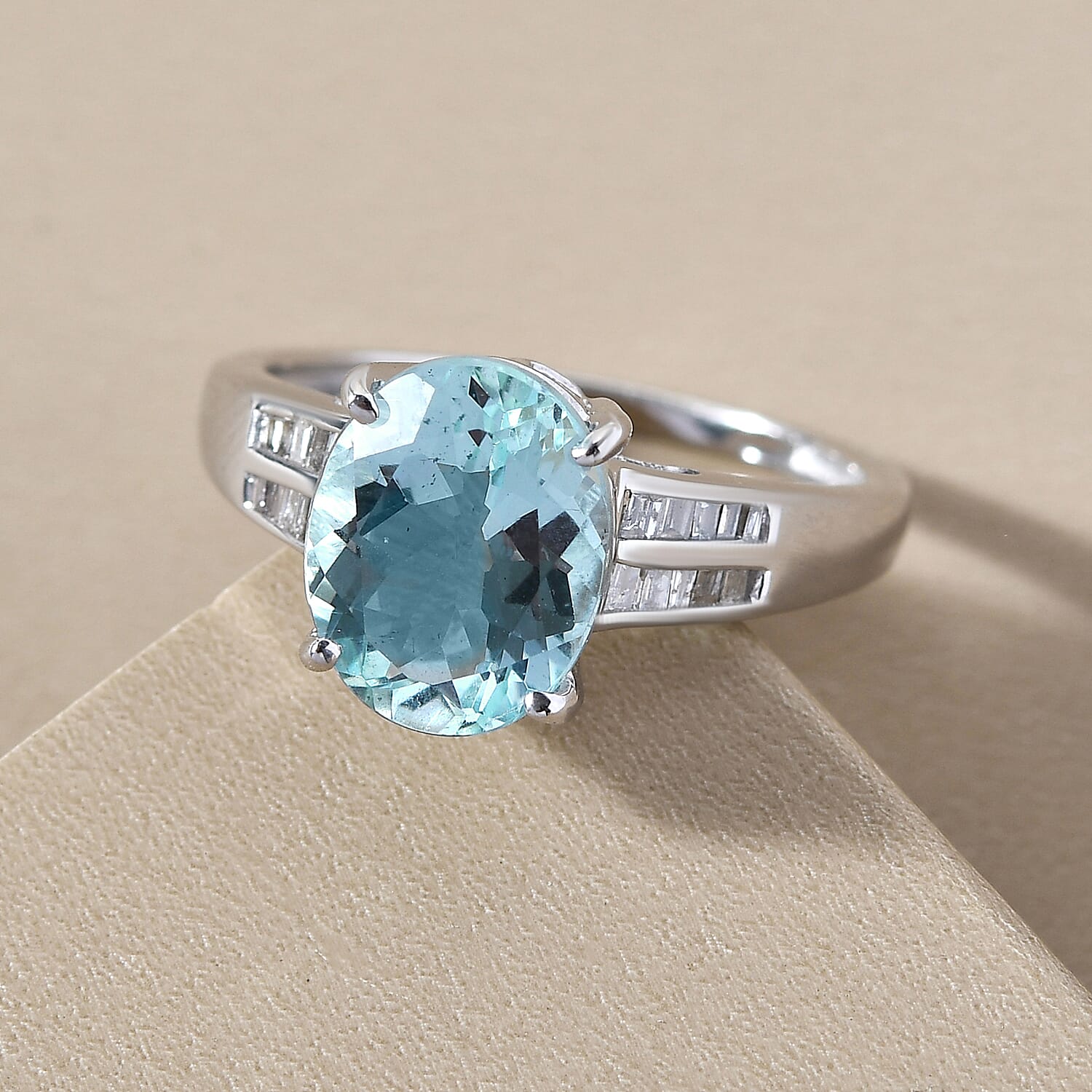 Rare Size - 9K White Gold AAA Espirito Santo Aquamarine and Diamond Ring 2.67 Ct.