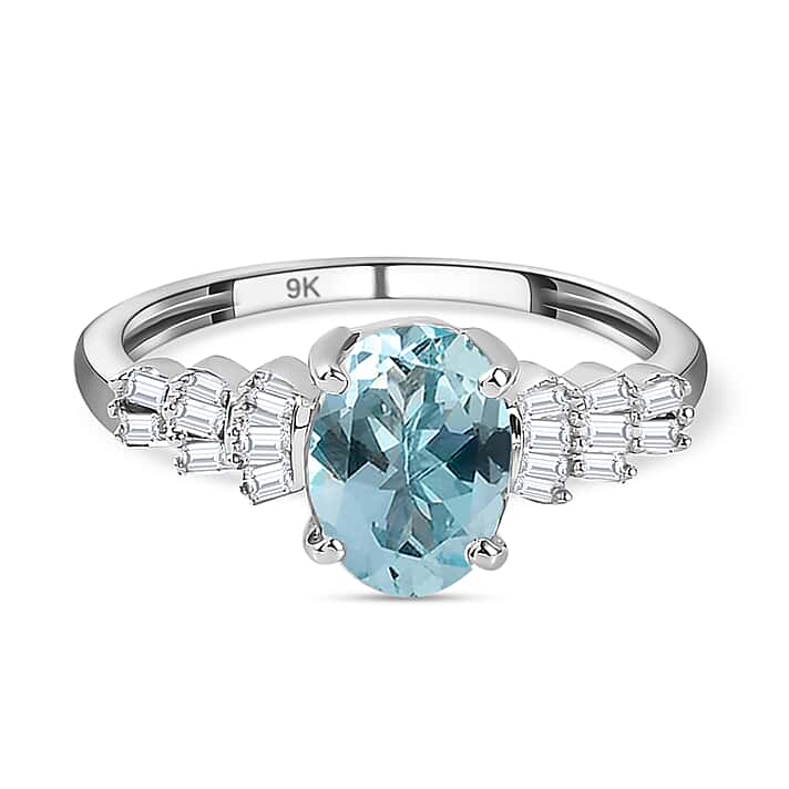 9K White Gold Ballerina AAA Espirito Santo Aquamarine Ring with Diamond 1.29 Ct.