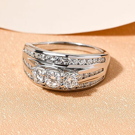 Moissanite Ring in Platinum Overlay Sterling Silver 1.465 Ct.
