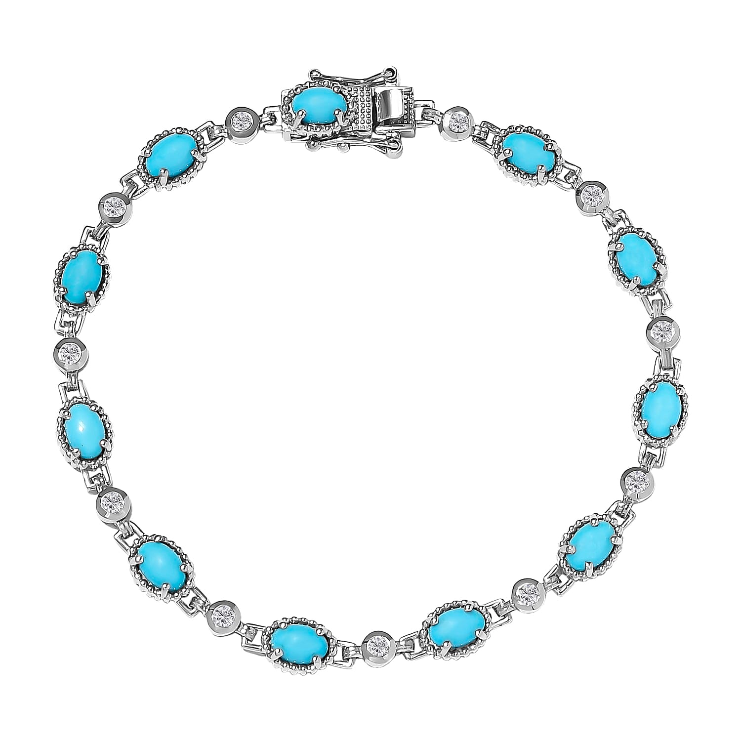 Arizona Sleeping Beauty Turquoise and Natural Cambodian Zircon Bracelet (Size - 7.5) in Platinum Overlay Sterling Silver 5.15 Ct, Silver Wt. 10.62 Gms