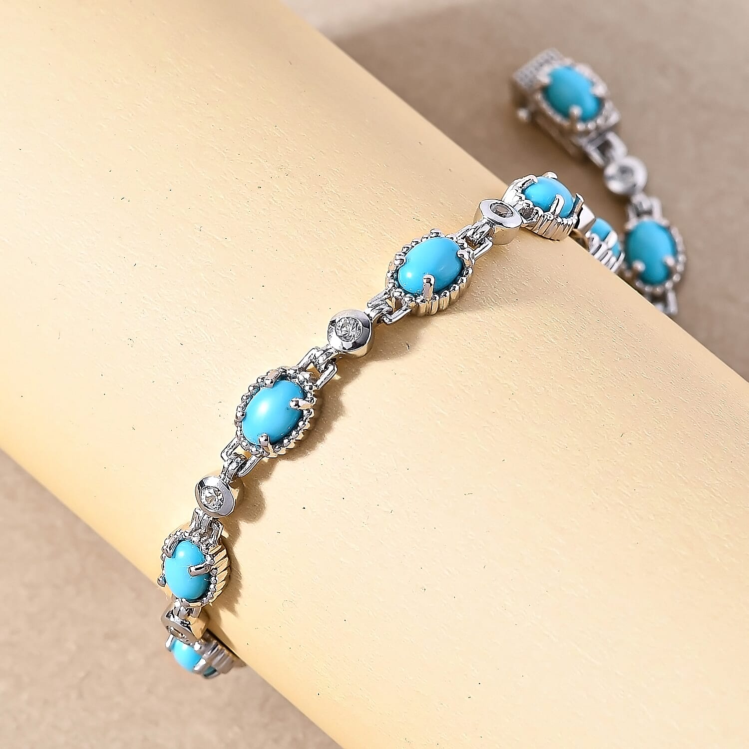 Arizona Sleeping Beauty Turquoise and Natural Cambodian Zircon Bracelet (Size - 7.5) in Platinum Overlay Sterling Silver 5.15 Ct, Silver Wt. 10.62 Gms