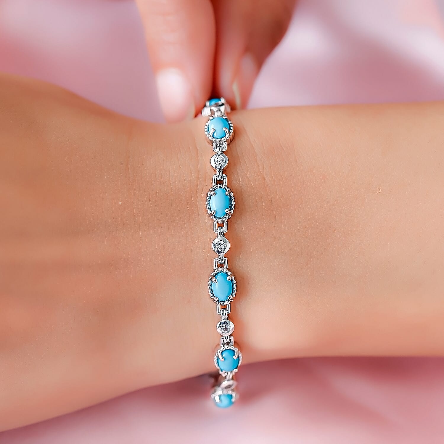 Arizona Sleeping Beauty Turquoise and Natural Cambodian Zircon Bracelet (Size - 7.5) in Platinum Overlay Sterling Silver 5.15 Ct, Silver Wt. 10.62 Gms