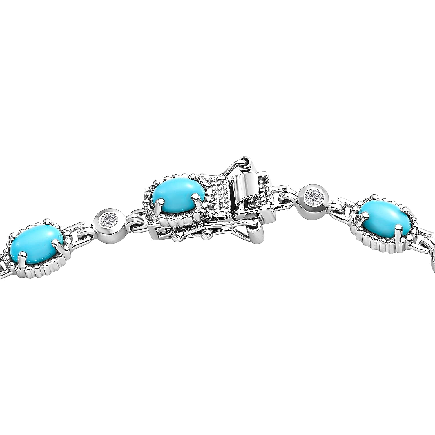 Arizona Sleeping Beauty Turquoise and Natural Cambodian Zircon Bracelet (Size - 7.5) in Platinum Overlay Sterling Silver 5.15 Ct, Silver Wt. 10.62 Gms