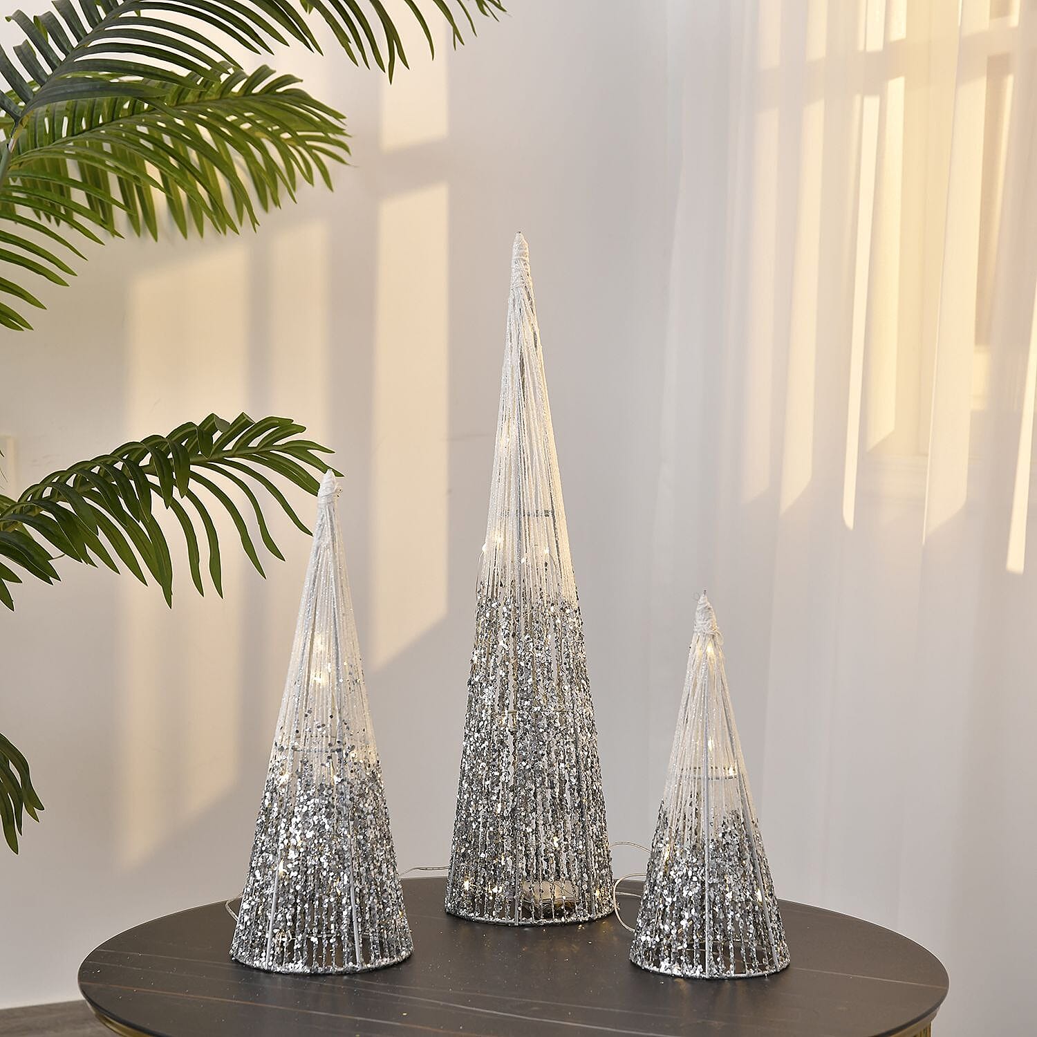 Set of 3 - Metal Wire Cone with Cotton Thread, Glitters and 10-20-30 Warm Micro String Lights - Silver