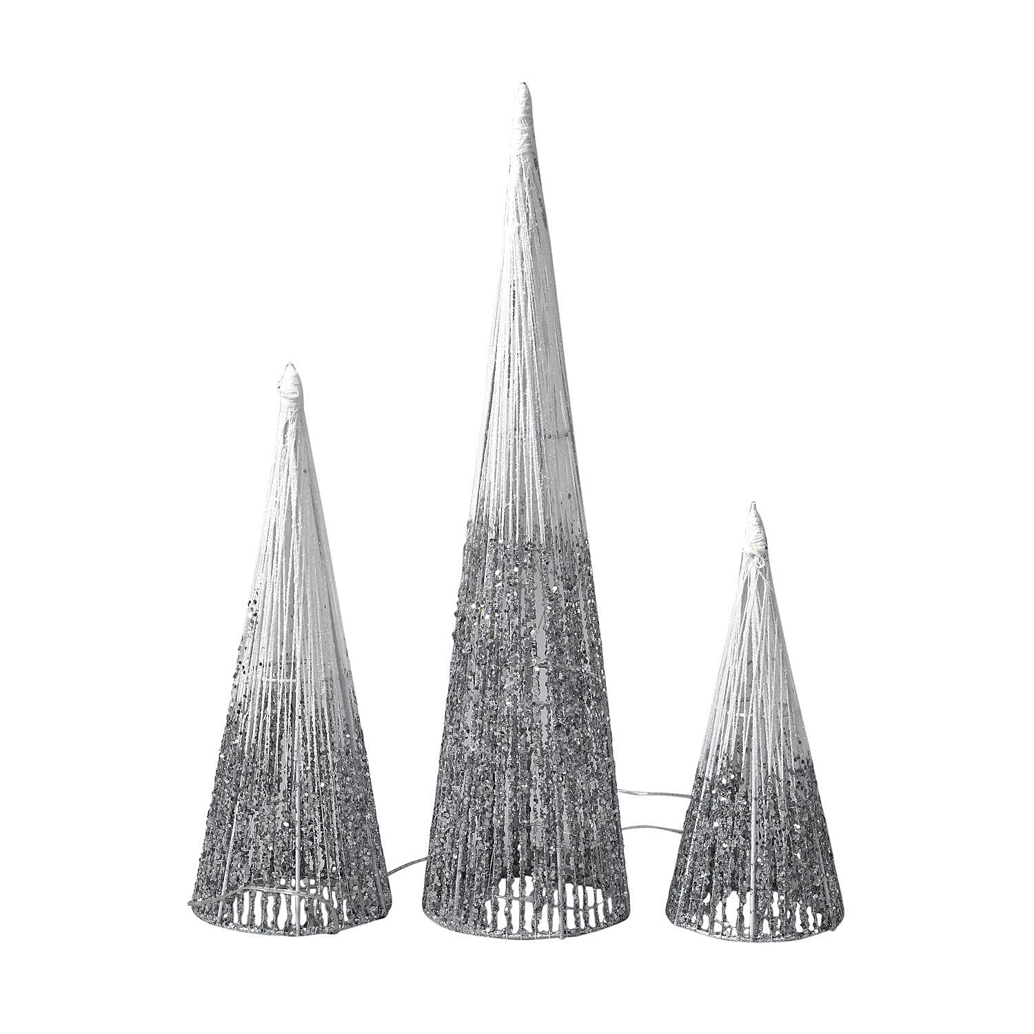 Set of 3 - Metal Wire Cone with Cotton Thread, Glitters and 10-20-30 Warm Micro String Lights - Silver