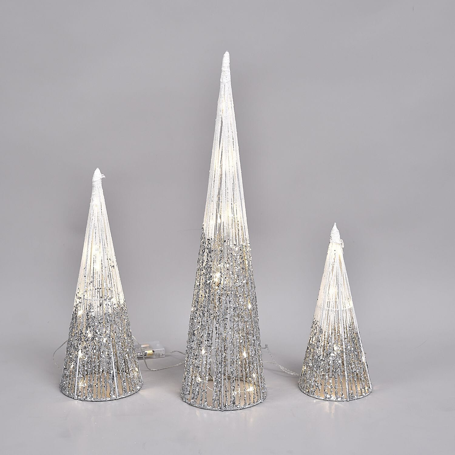 Set of 3 - Metal Wire Cone with Cotton Thread, Glitters and 10-20-30 Warm Micro String Lights - Silver
