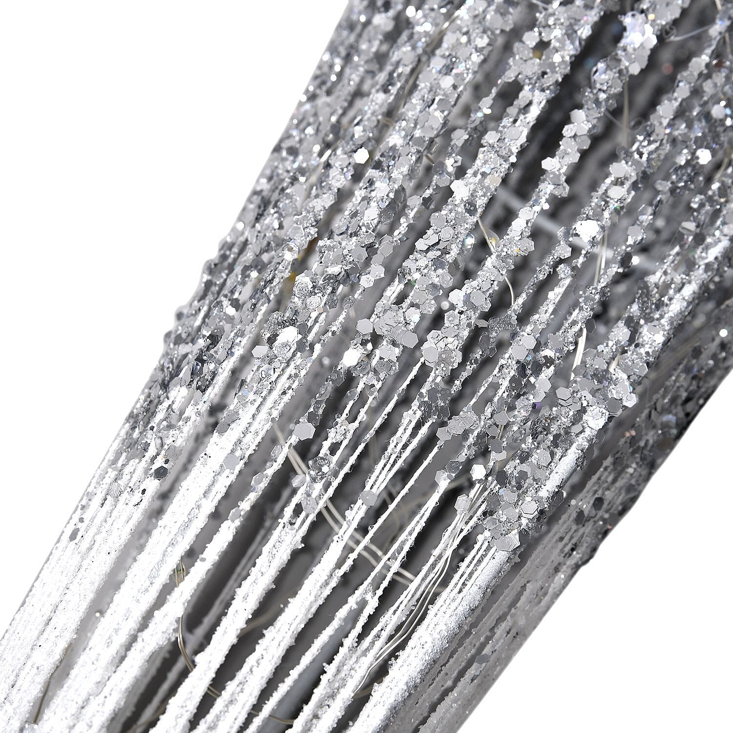 Set of 3 - Metal Wire Cone with Cotton Thread, Glitters and 10-20-30 Warm Micro String Lights - Silver