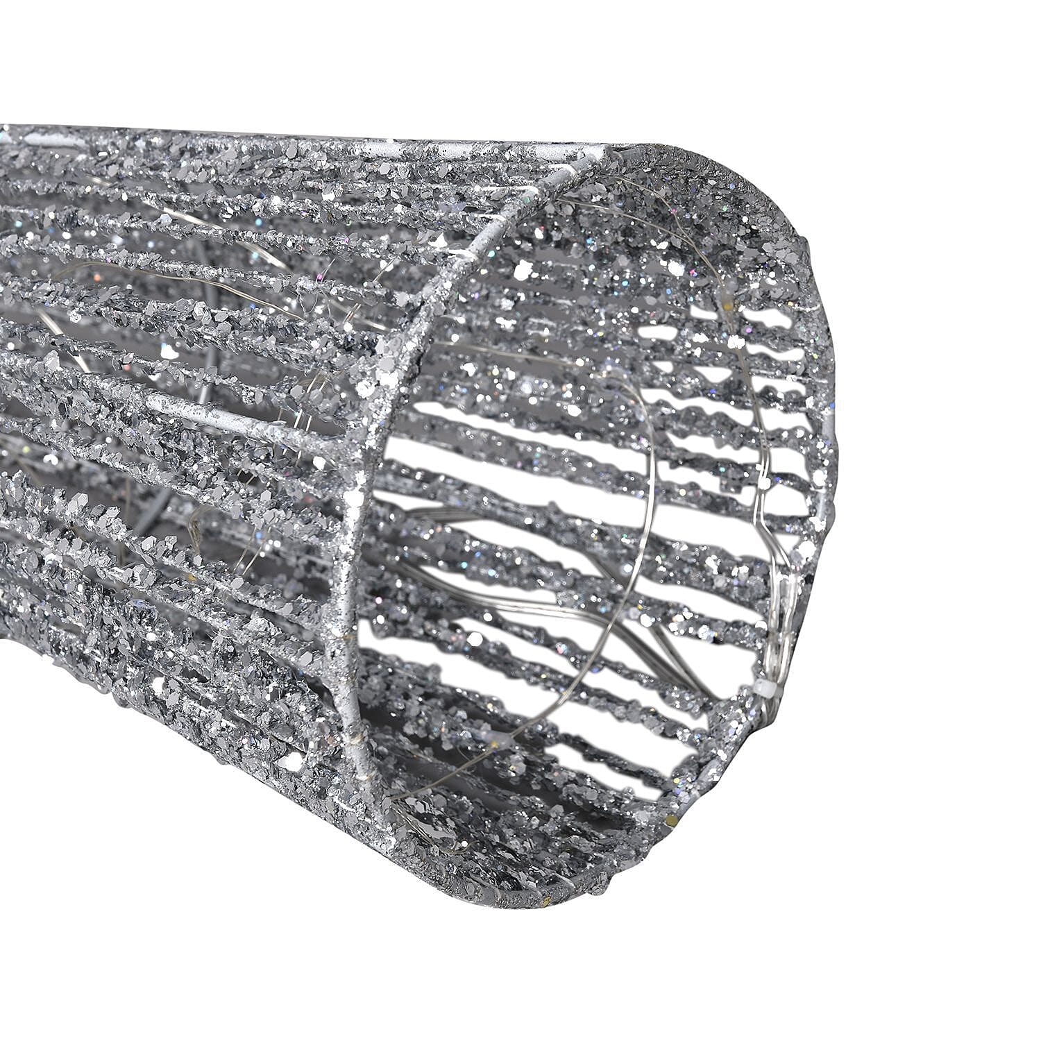 Set of 3 - Metal Wire Cone with Cotton Thread, Glitters and 10-20-30 Warm Micro String Lights - Silver