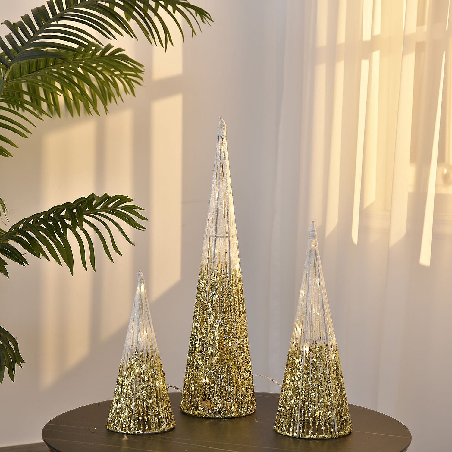 Set of 3 - Metal Wire Cone with Cotton Thread, Glitters and 10-20-30 Warm Micro String Lights - Gold