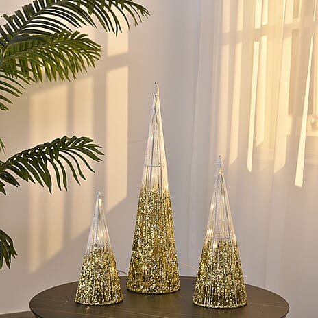 Set of 3 - Metal Wire Cone with Cotton Thread, Glitters and 10-20-30 Warm Micro String Lights - Gold