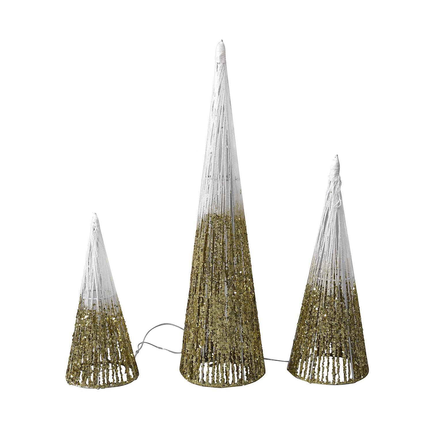 Set of 3 - Metal Wire Cone with Cotton Thread, Glitters and 10-20-30 Warm Micro String Lights - Gold