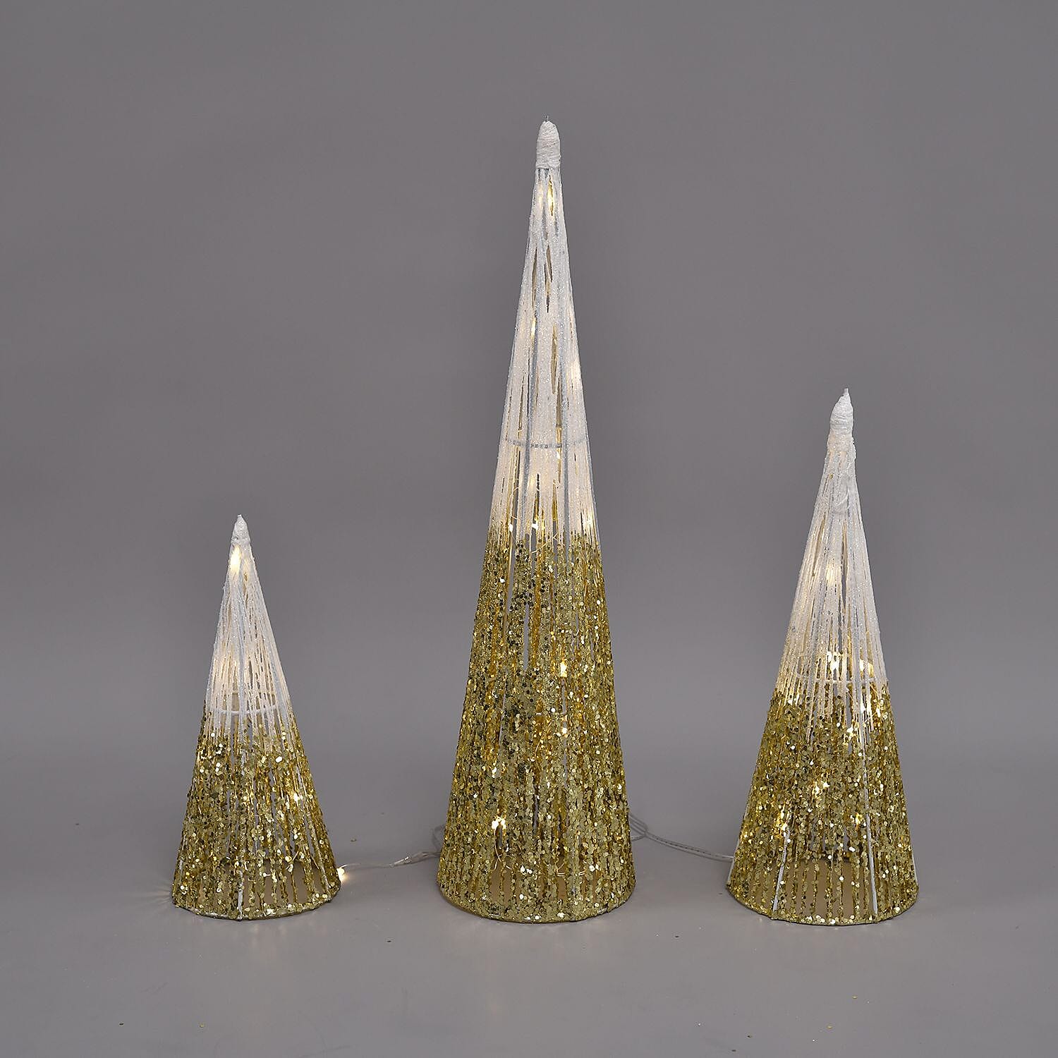 Set of 3 - Metal Wire Cone with Cotton Thread, Glitters and 10-20-30 Warm Micro String Lights - Gold