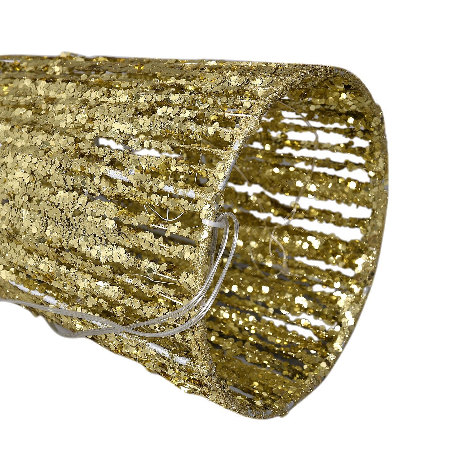 Set of 3 - Metal Wire Cone with Cotton Thread, Glitters and 10-20-30 Warm Micro String Lights - Gold