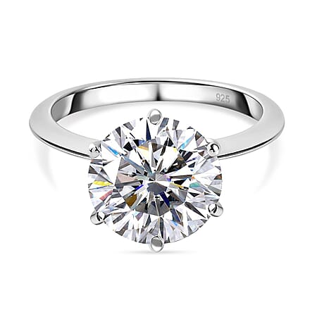 Moissanite Solitaire Ring in Sterling Silver with Platinum Overlay