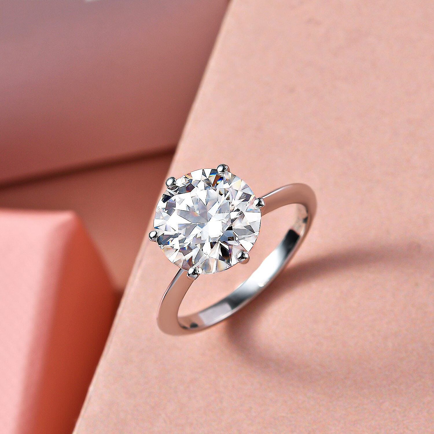 Moissanite Solitaire Ring in Platinum Overlay Sterling Silver 3.37 Ct.