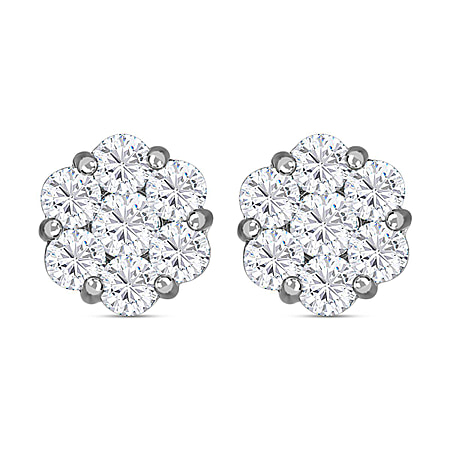 Moissanite Floral Stud Earrings in Platinum Plated Sterling Silver 1.53 Ct.