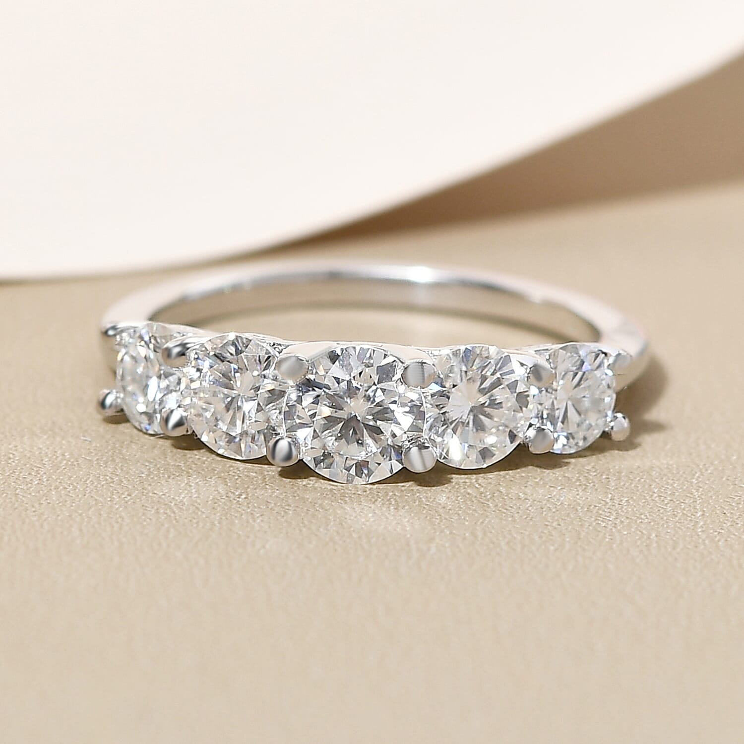 Moissanite 5 Stone Ring in Platinum Overlay Sterling Silver 1.55 Ct.