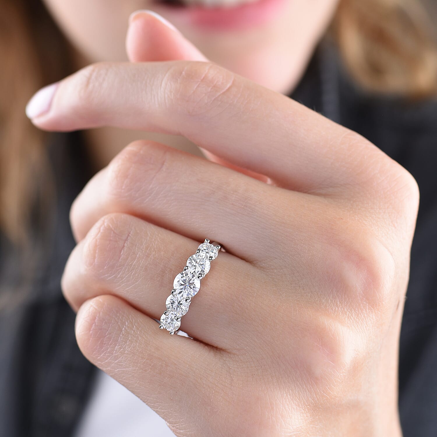 Moissanite 5 Stone Ring in Platinum Overlay Sterling Silver 1.55 Ct.