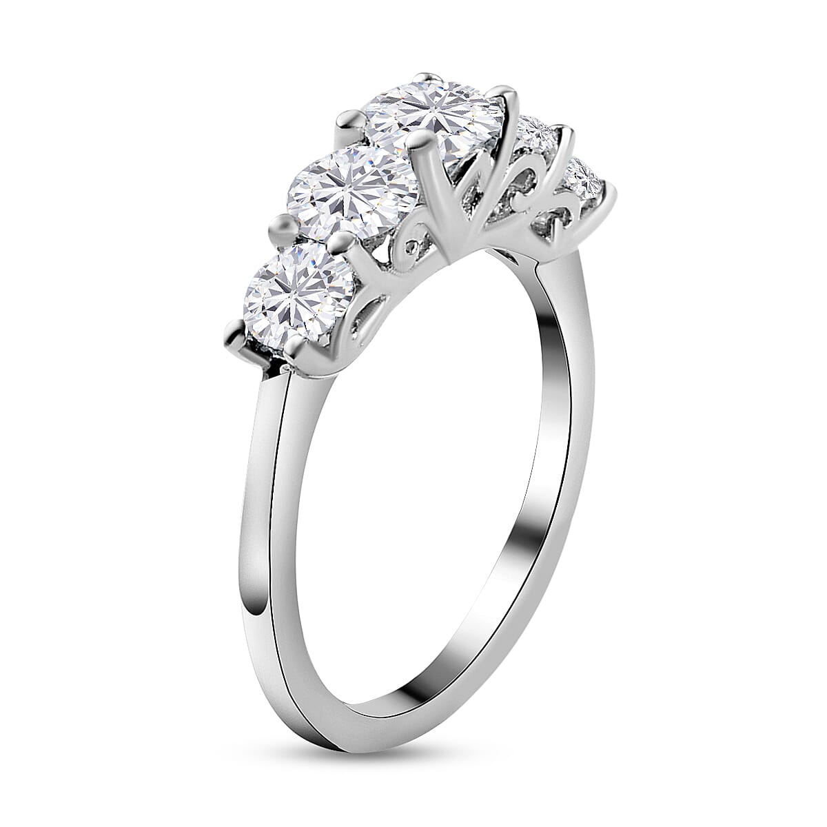Moissanite 5 Stone Ring in Platinum Overlay Sterling Silver 1.55 Ct.