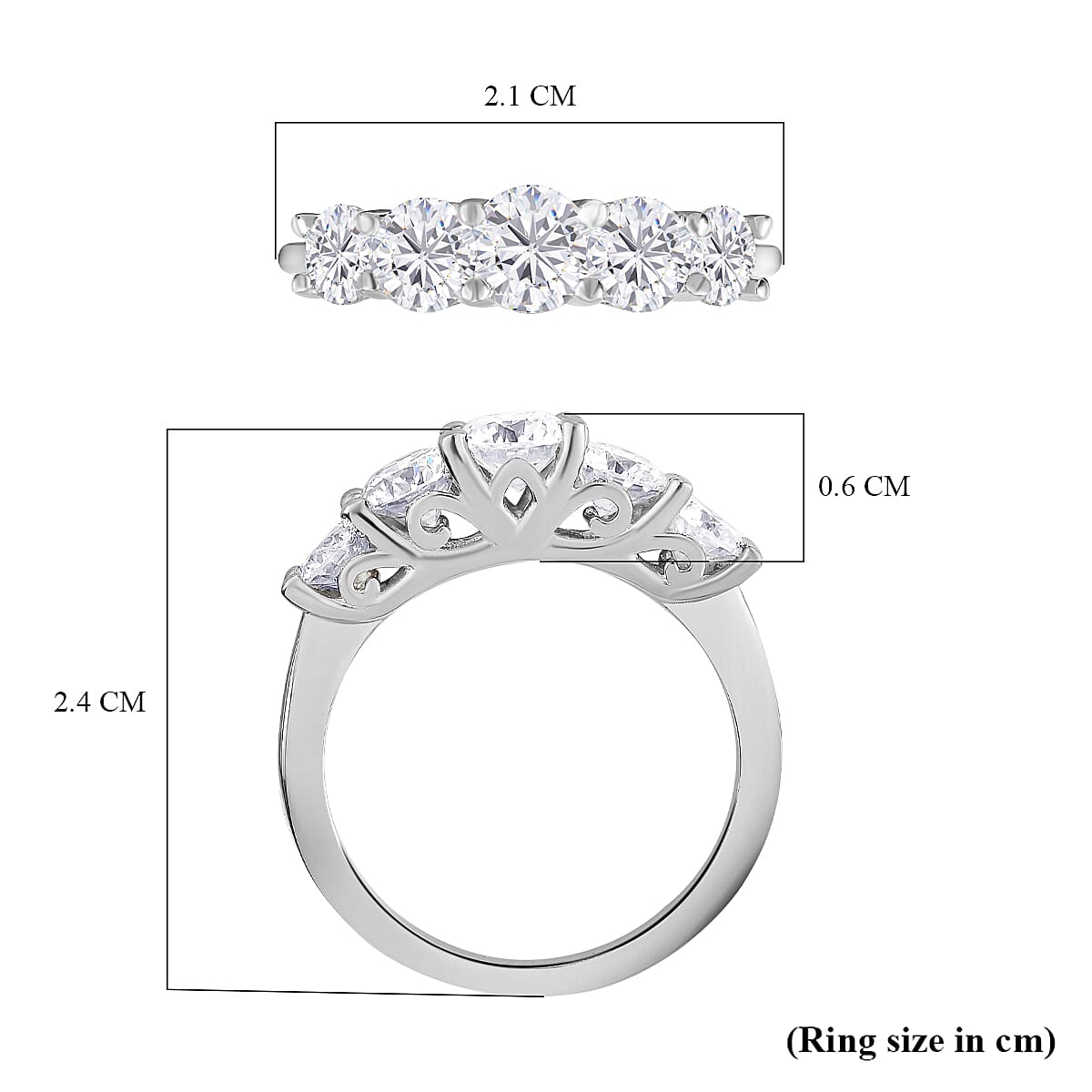 Moissanite 5 Stone Ring in Platinum Overlay Sterling Silver 1.55 Ct.