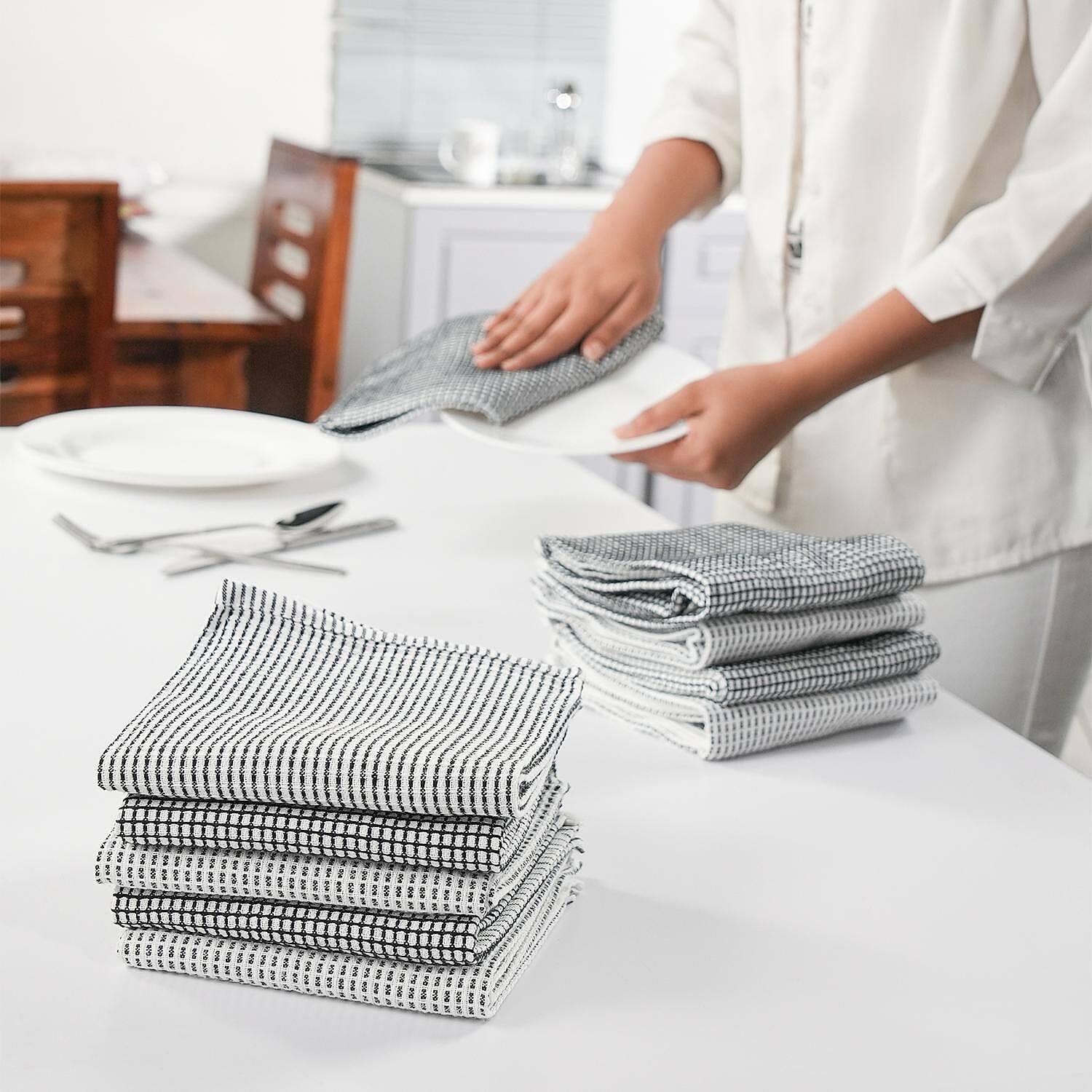 Set of 10 - Cotton Check Pattern Kitchen Towel - Grey