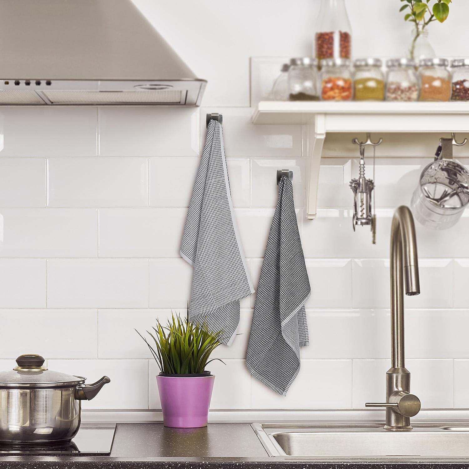 Set of 10 - Cotton Check Pattern Kitchen Towel - Grey