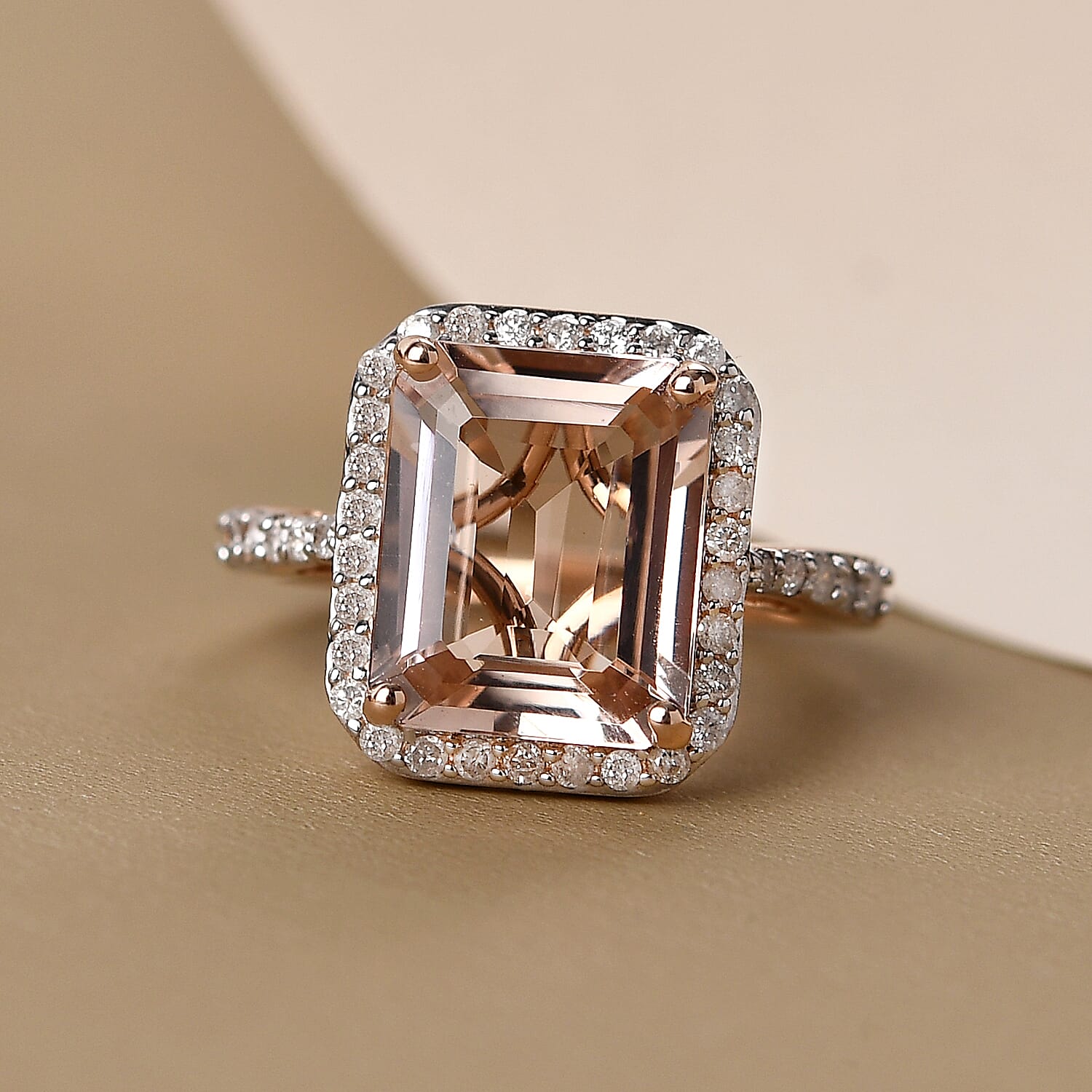 14K Rose Gold AAA Marropino Morganite and Diamond Ring 4.39 Ct.