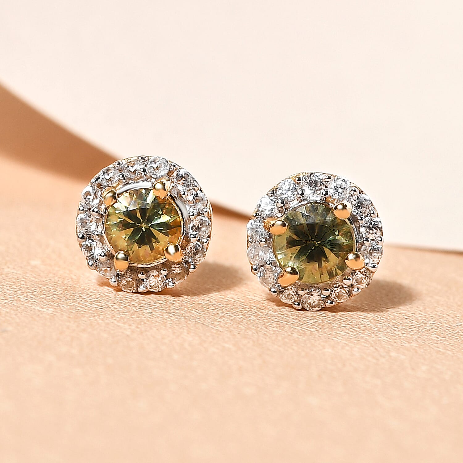 Demantoid Garnet and Natural Cambodian Zircon Stud Earrings in 14K Gold Overlay Sterling Silver