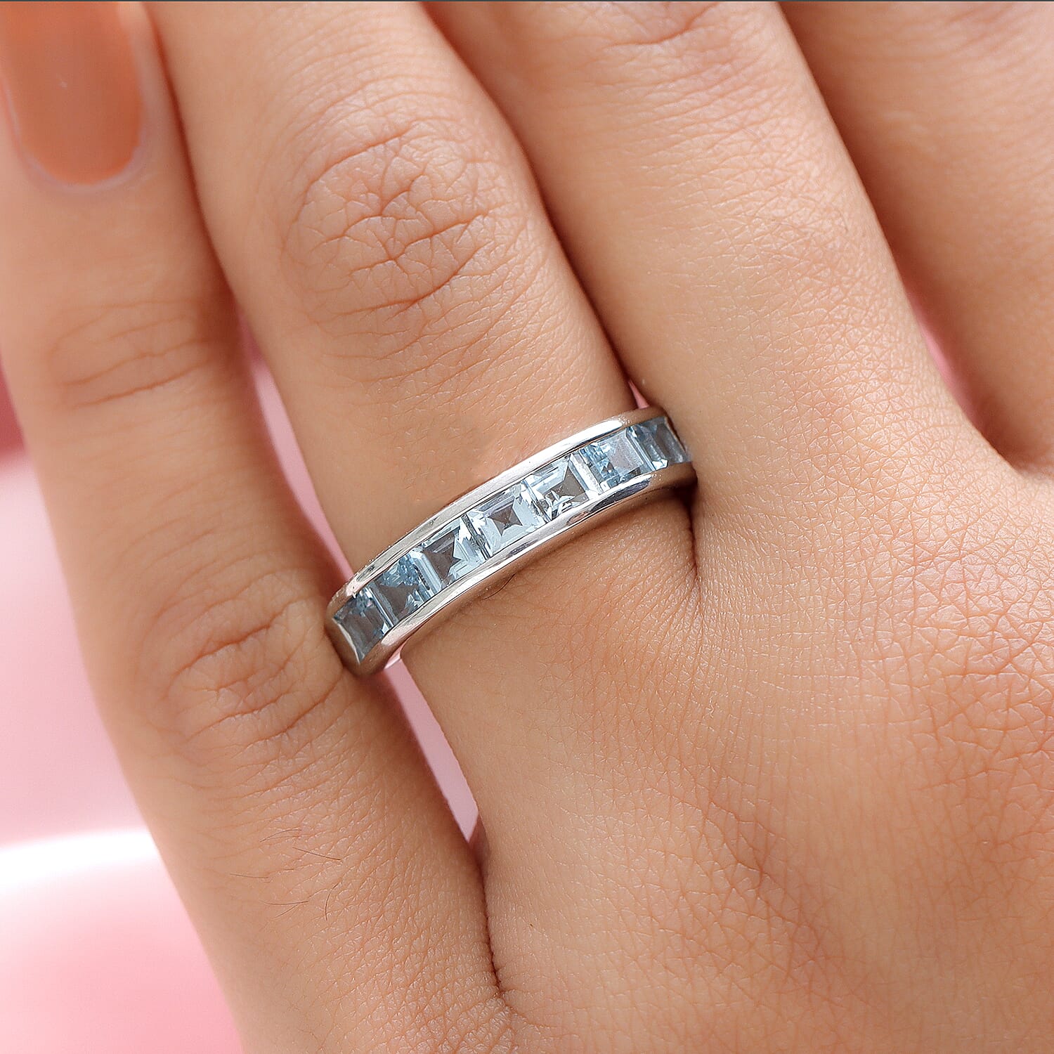 Espirito Santo Aquamarine Half Eternity Ring in Platinum Overlay Sterling Silver 1.69 Ct.