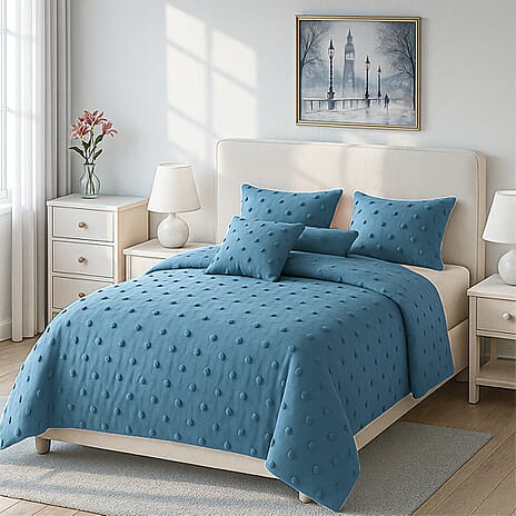 Luxury Deluxe 6 Piece set- Comforter, Fitted Sheet, 2 Pillow Cases, Cushion Cover and Bolster Cushion Cover - Blue Double