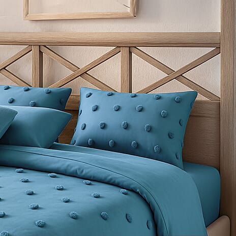 Luxury Deluxe 6 Piece set- Comforter, Fitted Sheet, 2 Pillow Cases, Cushion Cover and Bolster Cushion Cover - Blue Double