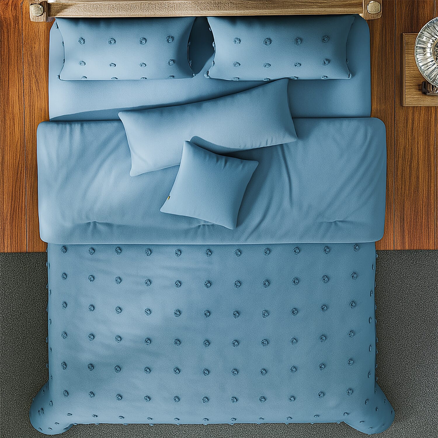 Luxury Vegas Closeout- Deluxe 6 Piece set- Comforter, Fitted Sheet, 2 Pillow Cases, Cushion Cover and Bolster Cushion Cover - - Blue Double