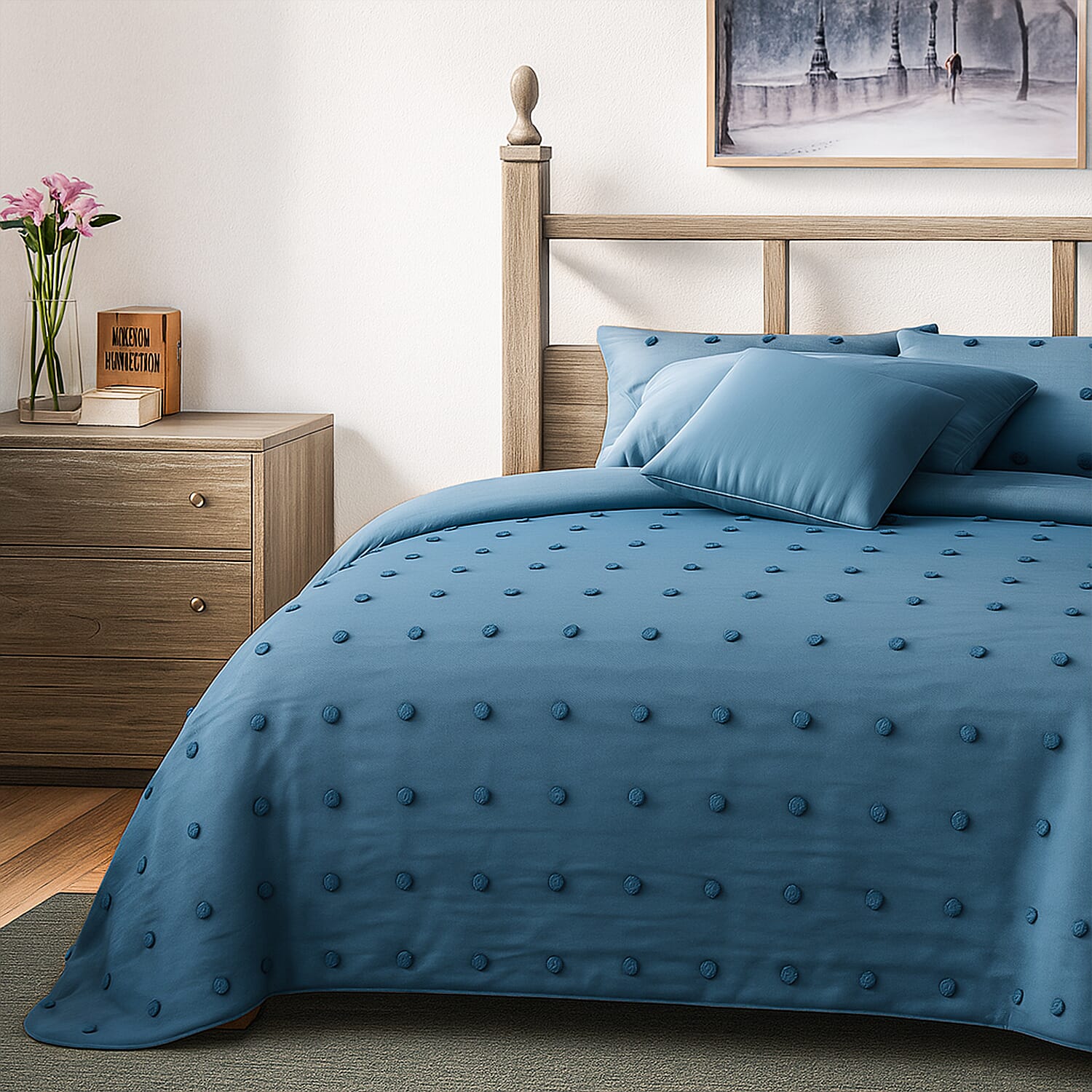 Luxury Vegas Closeout- Deluxe 6 Piece set- Comforter, Fitted Sheet, 2 Pillow Cases, Cushion Cover and Bolster Cushion Cover - - Blue Double