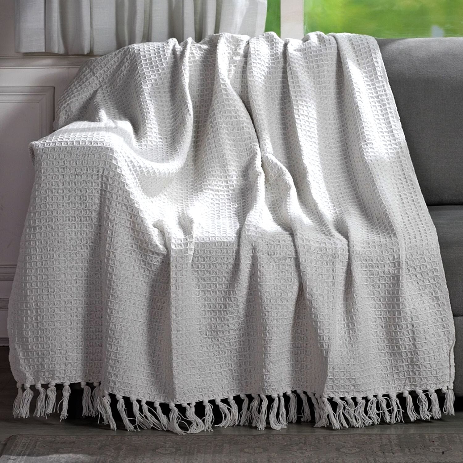 Cotton Honeycomb Throw Blanket (Size 131x120 Cm) - Off White