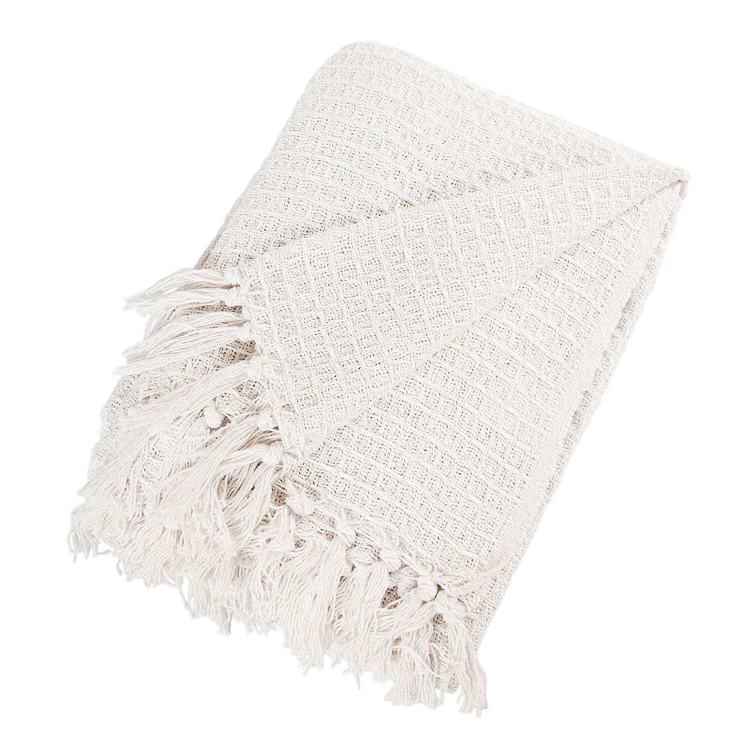 Cotton Honeycomb Throw Blanket (Size 131x120 Cm) - Off White