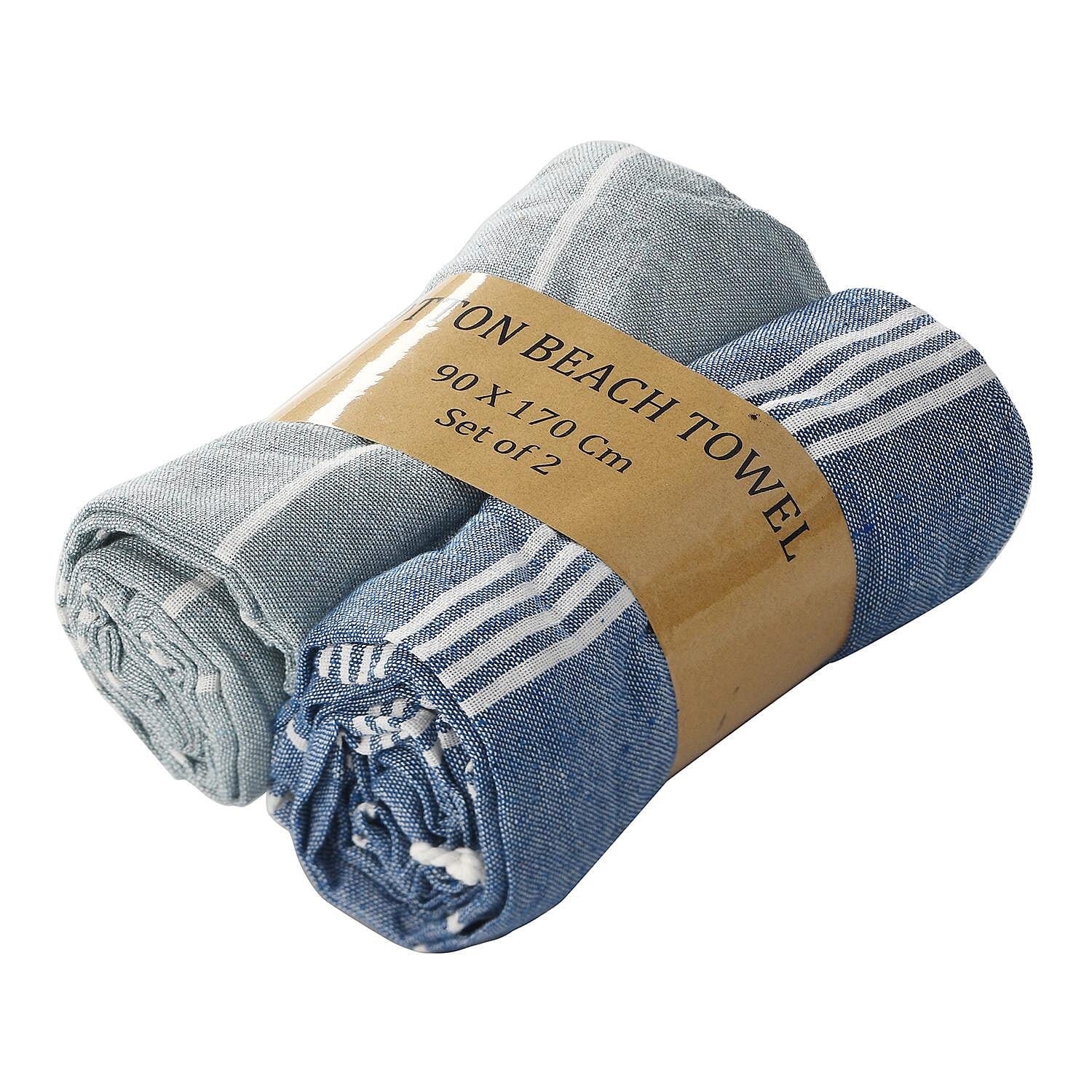 Set of 2 - Cotton Beach/Hammam Towel - Silver Grey & Royal Blue