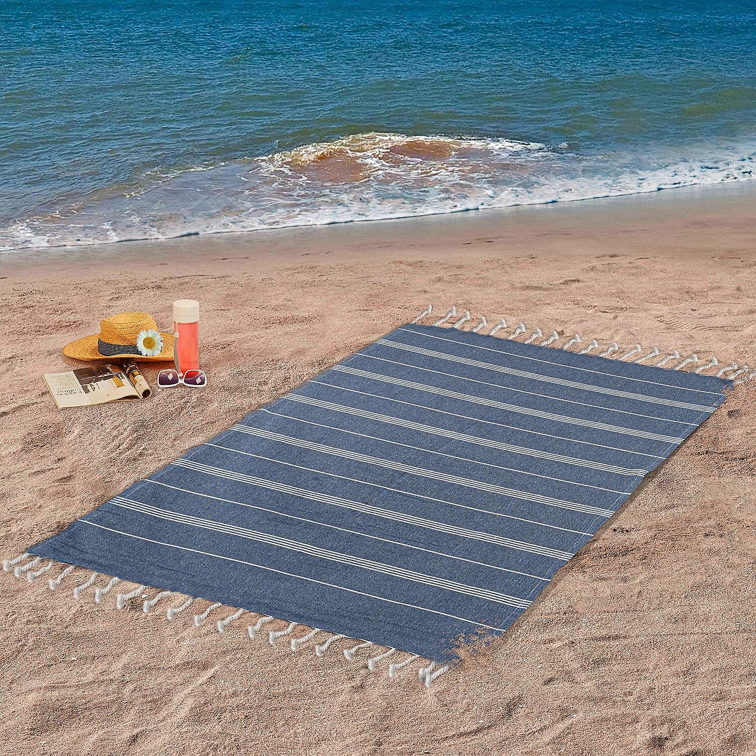 Set of 2 - Cotton Beach/Hammam Towel - Silver Grey & Royal Blue