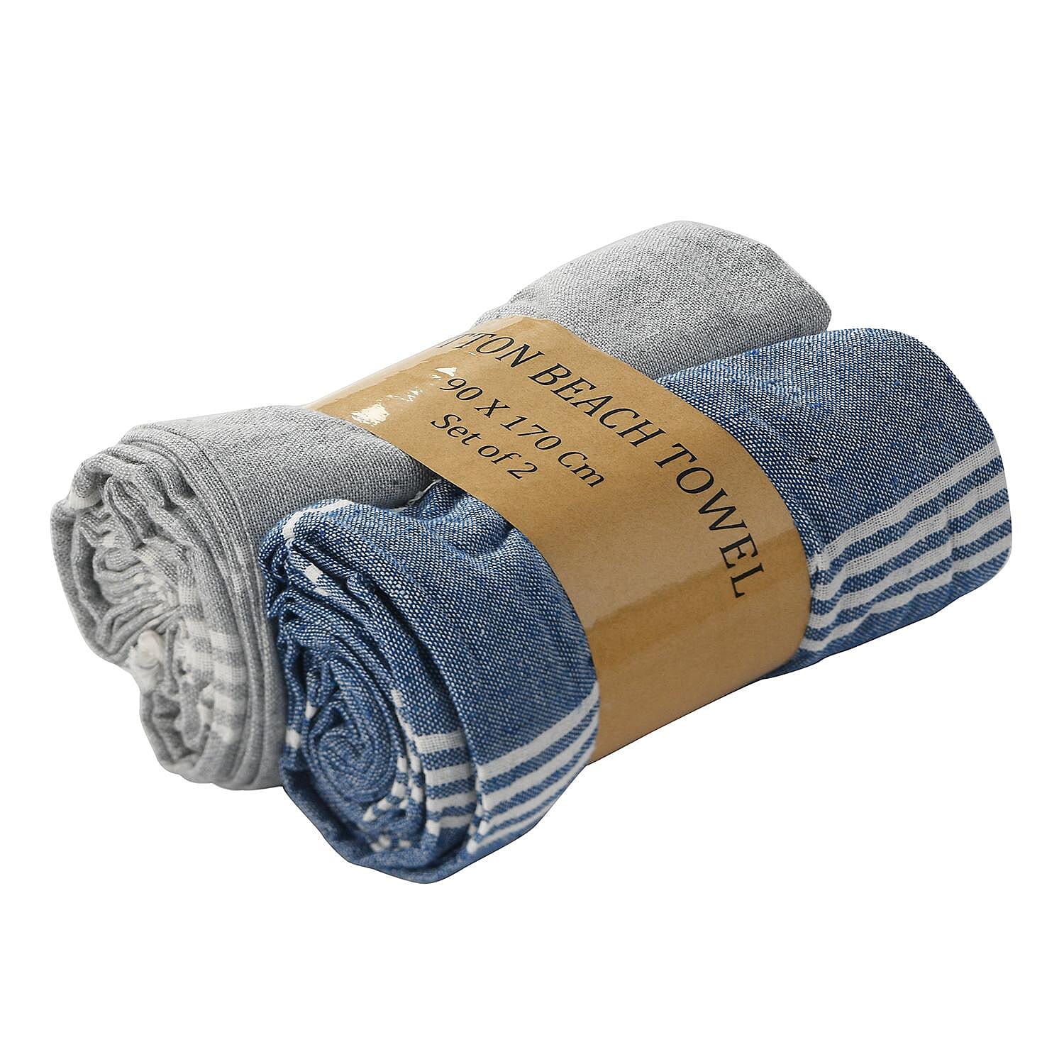 Set of 2 - 100% Cotton Beach/Hammam Towel (Size 170x90 Cm) - Royal Blue & Turquoise
