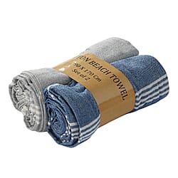 Set of 2 - Cotton Beach/Hammam Towel - Silver Grey & Royal Blue