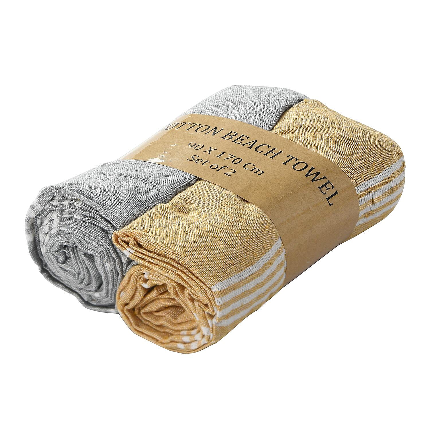 Set of 2 - 100% Cotton Beach/Hammam Towel (Size 170x90 Cm) - Silver Grey & Yellow