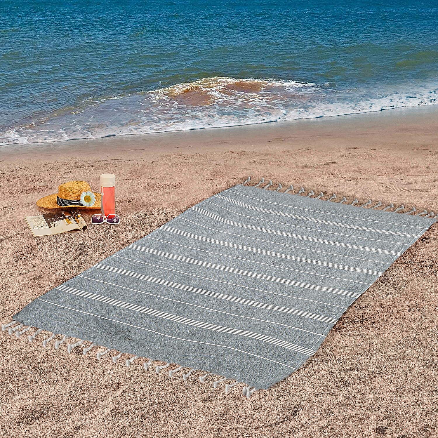 Set of 2 - 100% Cotton Beach/Hammam Towel (Size 170x90 Cm) - Silver Grey & Yellow