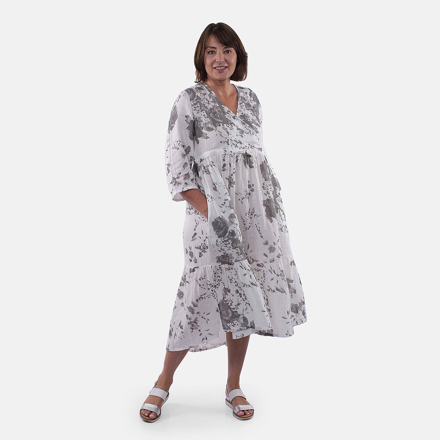 Tamsy 100% Cotton Tiered Floral Maxi Dress (Size L,16-18) - Grey