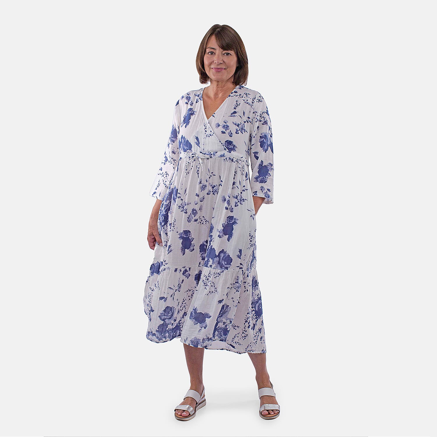 Tamsy 100% Cotton Tiered Floral Maxi Dress (Size S,8-10) - Blue