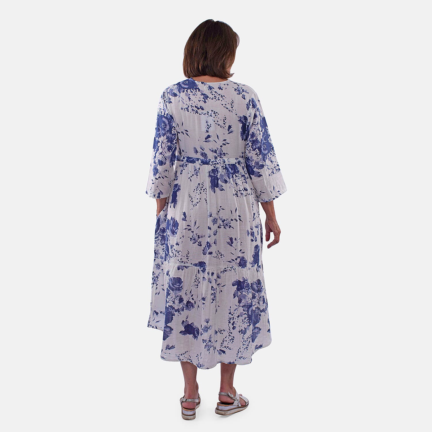 Tamsy 100% Cotton Tiered Floral Maxi Dress (Size S,8-10) - Blue