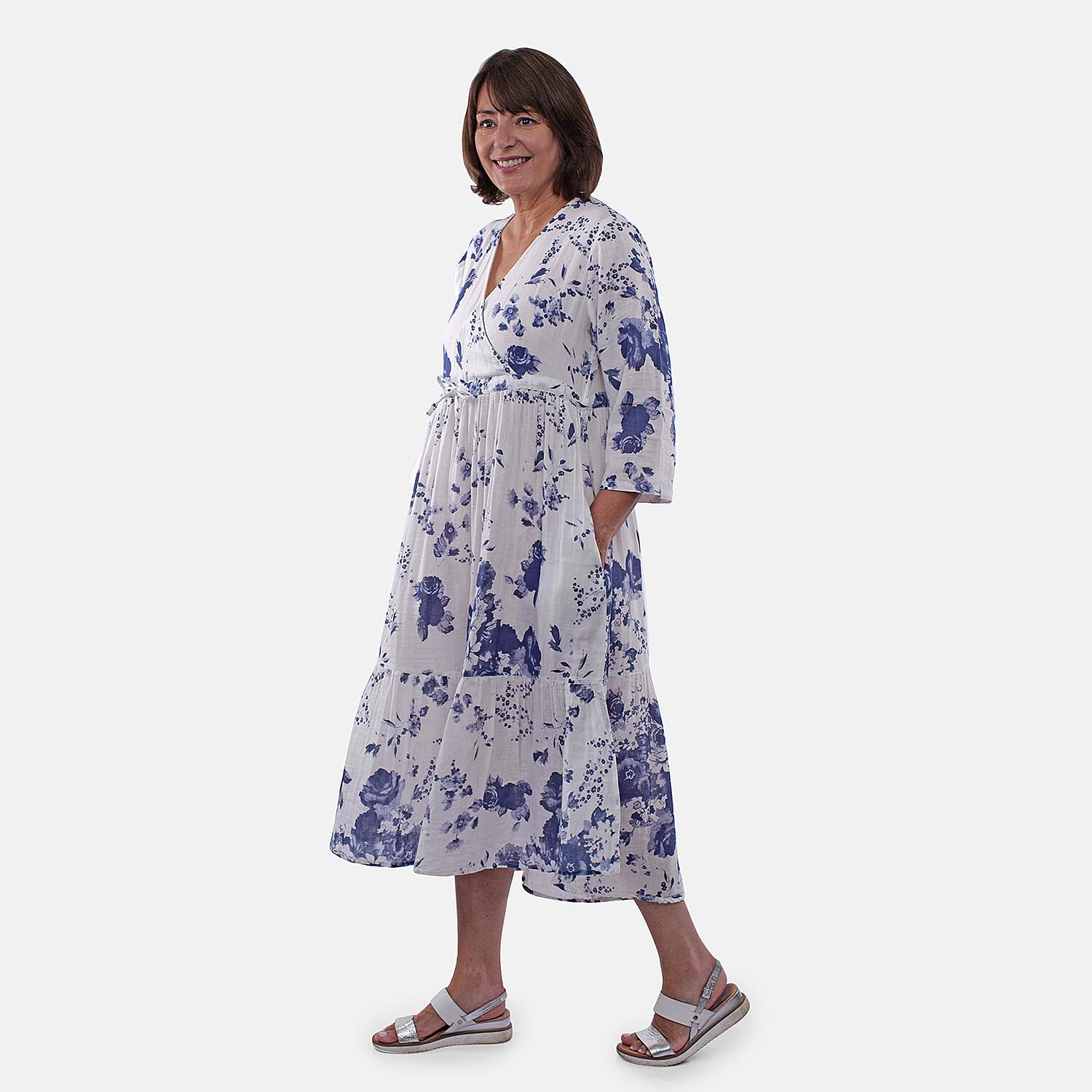 Tamsy 100% Cotton Tiered Floral Maxi Dress (Size S,8-10) - Blue