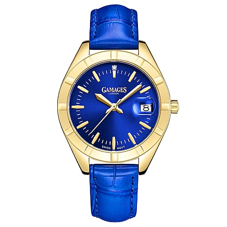 Gamages Of London Twilight Navy Dial Diamond Studded Water Resistant Watch with Navy Leather Strap