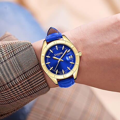 Gamages Of London Twilight Navy Dial Diamond Studded Water Resistant Watch with Navy Leather Strap
